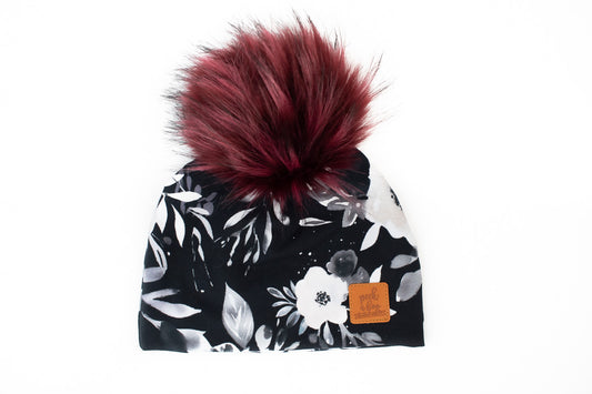 Adult - 3 Season Toque Black & white floral